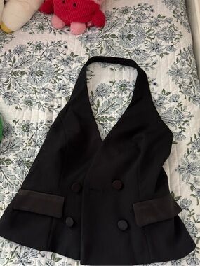 Zara Black Halter Double-Breasted Vest Blazer